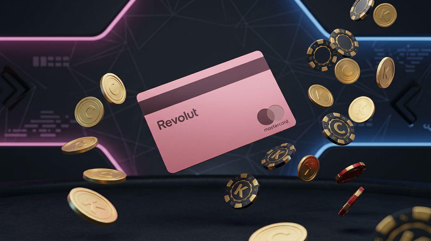 Karta Revolut otoczona monetami i żetonami kasynowymi na nowoczesnym tle